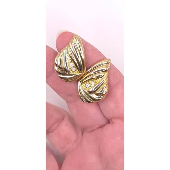 Vintage Gold Butterfly Wing Crystal Clip On Earrings Statement Elegant Accessory - Picture 4 of 5